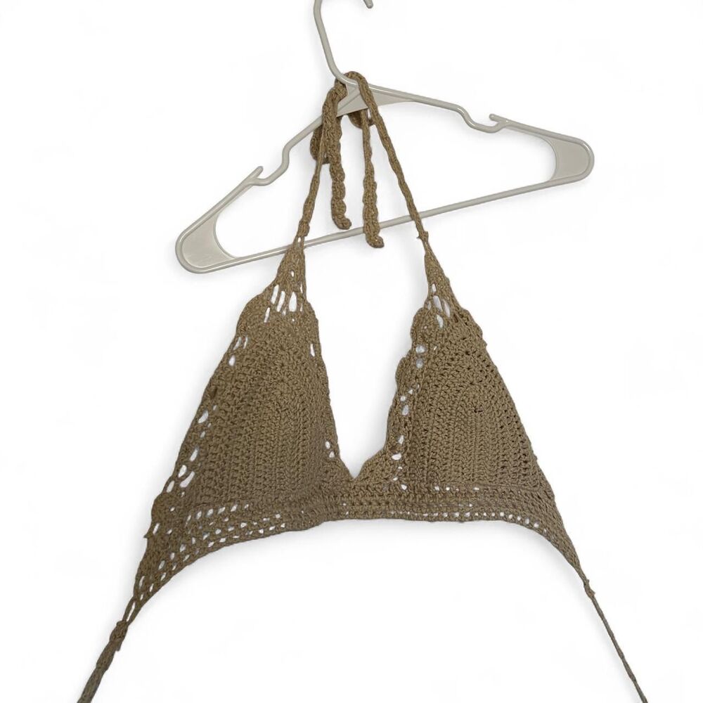 Women's Tan and Cream Crochet Boho Halter Top